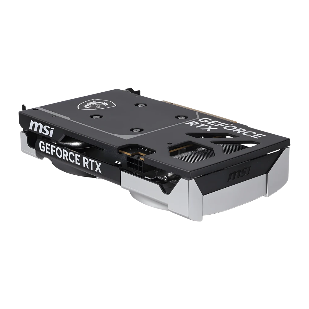 MSI GeForce RTX 5050 Ventus 2X OC 8GB Argent, vue arrière en angle: backplate noir avec logo dragon et connecteur