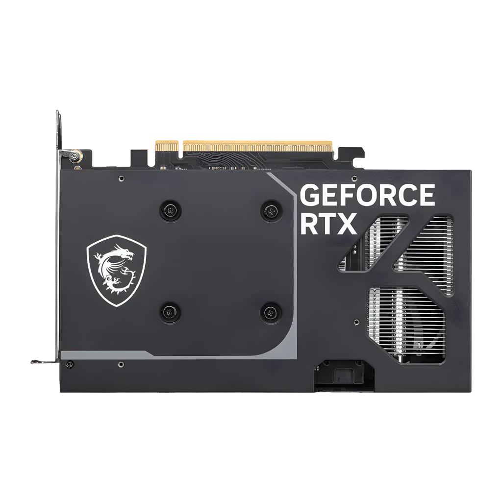 MSI GeForce RTX 5050 Ventus 2X OC 8GB Argent, vue arrière: backplate avec logo dragon MSI, texte GeForce RTX et ventilation
