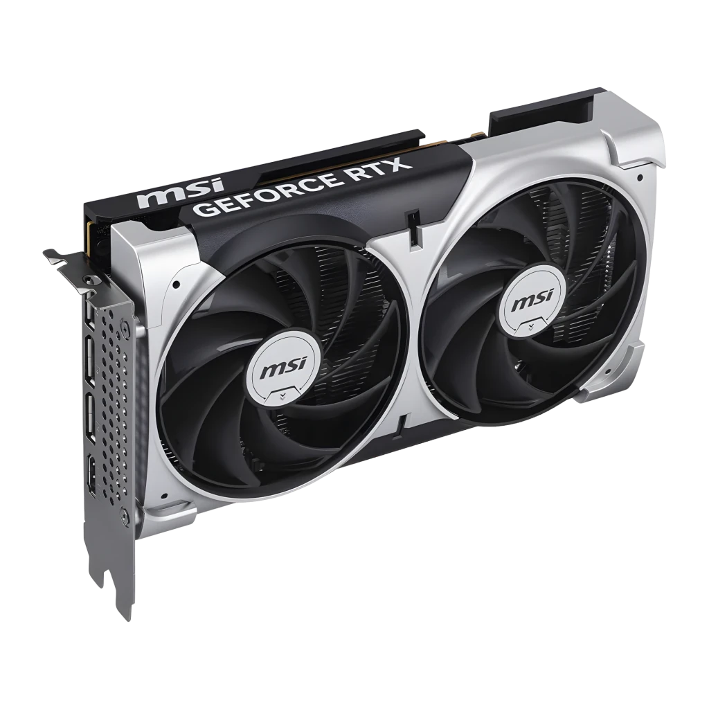 MSI GeForce RTX 5050 Ventus 2X OC 8GB Argent, vue avant en angle: deux ventilateurs avec logo MSI et équerre latérale visible