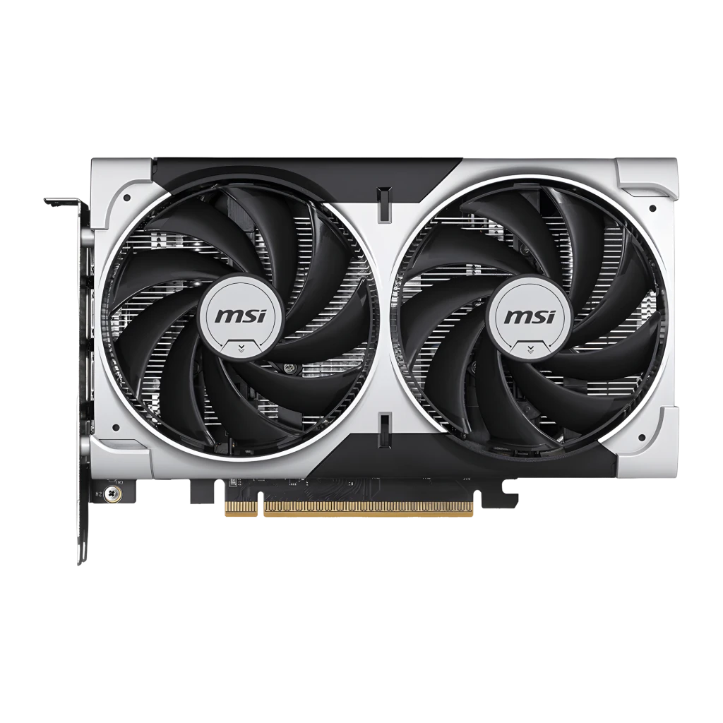 MSI GeForce RTX 5050 Ventus 2X OC 8GB Argent, vue de face: deux ventilateurs avec cadre argenté et logo MSI, connecteur PCIe