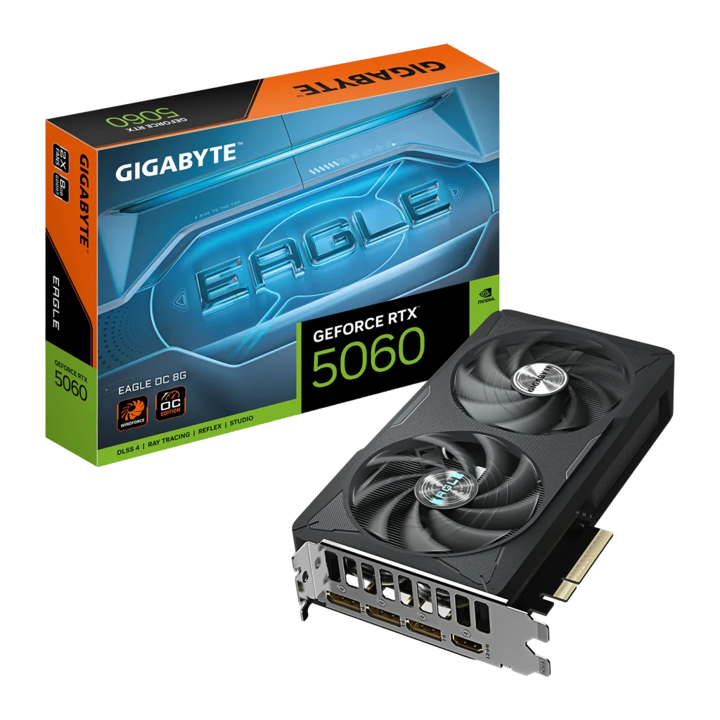 Gigabyte RTX 5060 Eagle MAX OC 8GB Negro, vista con caja: tarjeta gráfica con dos ventiladores junto a su packaging