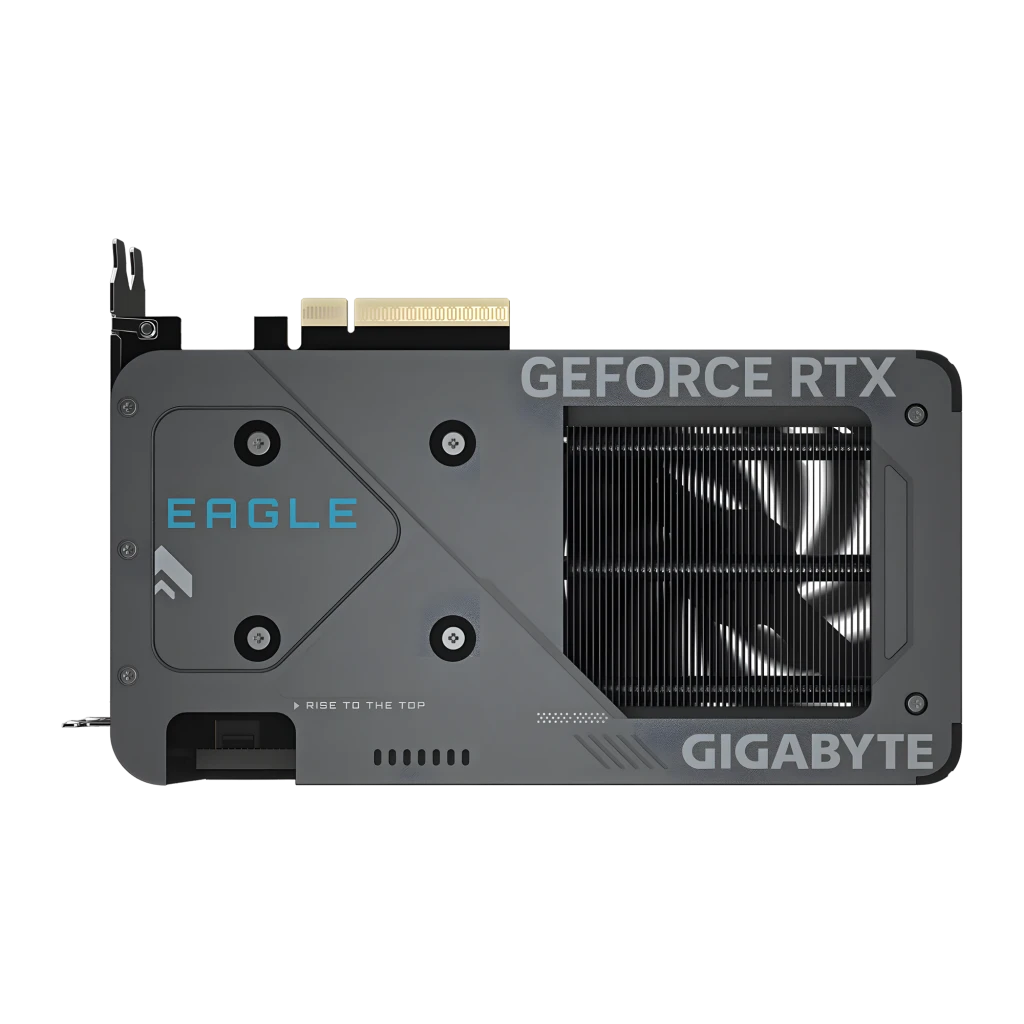 Gigabyte RTX 5060 EAGLE MAX OC 8GB Negro, reverso: backplate gris con logo EAGLE en azul, ventilador y texto GIGABYTE