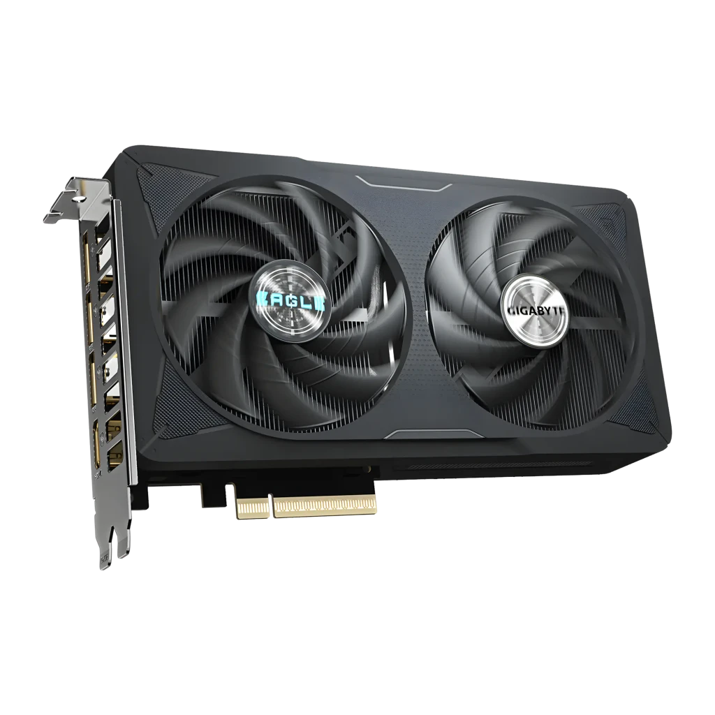 Gigabyte RTX 5060 Eagle MAX OC 8GB Negro, vista frontal en ángulo: dos ventiladores con logos Eagle y Gigabyte, bracket