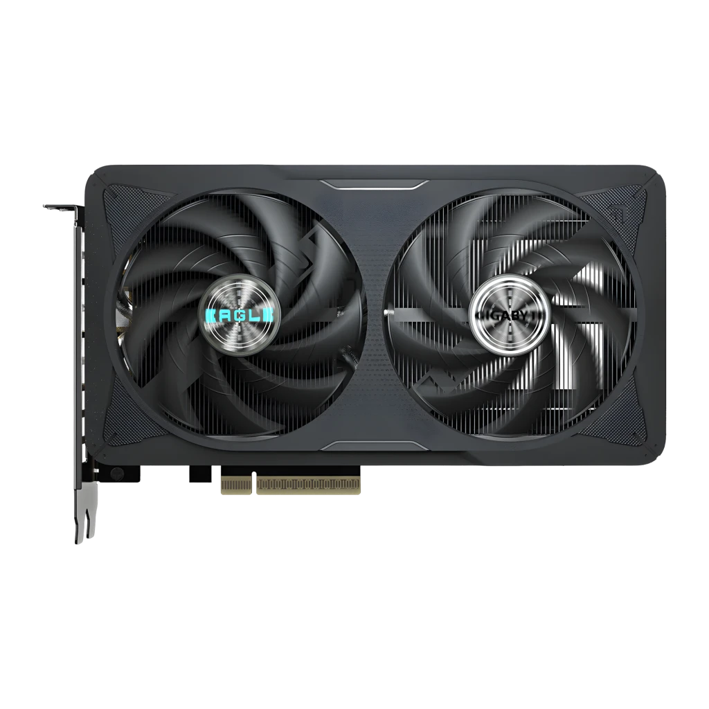Gigabyte RTX 5060 EAGLE MAX OC 8GB Negro, vista frontal: dos ventiladores con logos EAGLE y GIGABYTE, conector PCIe visible