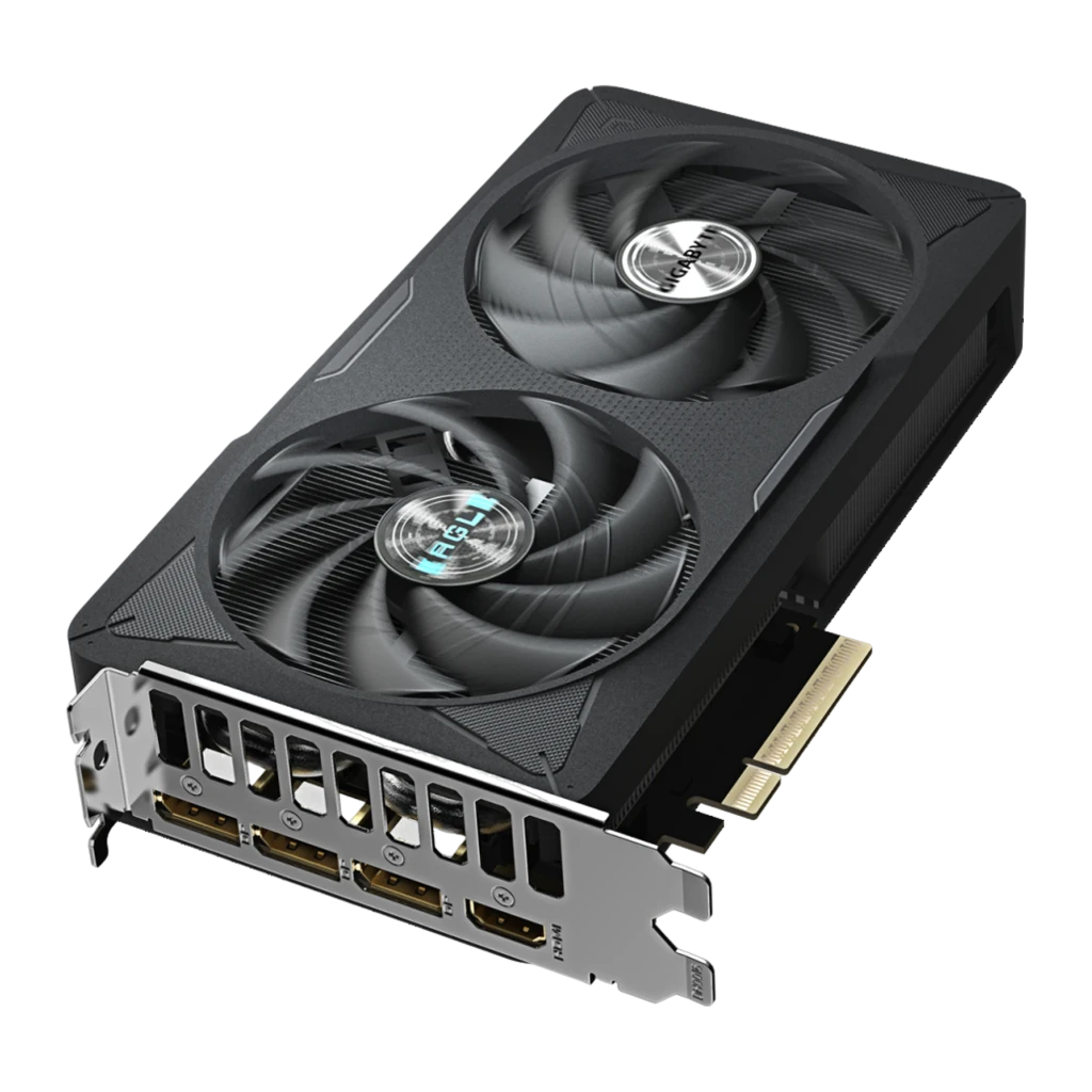 Gigabyte RTX 5060 EAGLE MAX OC 8GB Negro, vista en perspectiva: dos ventiladores, bracket con puertos HDMI y DisplayPort