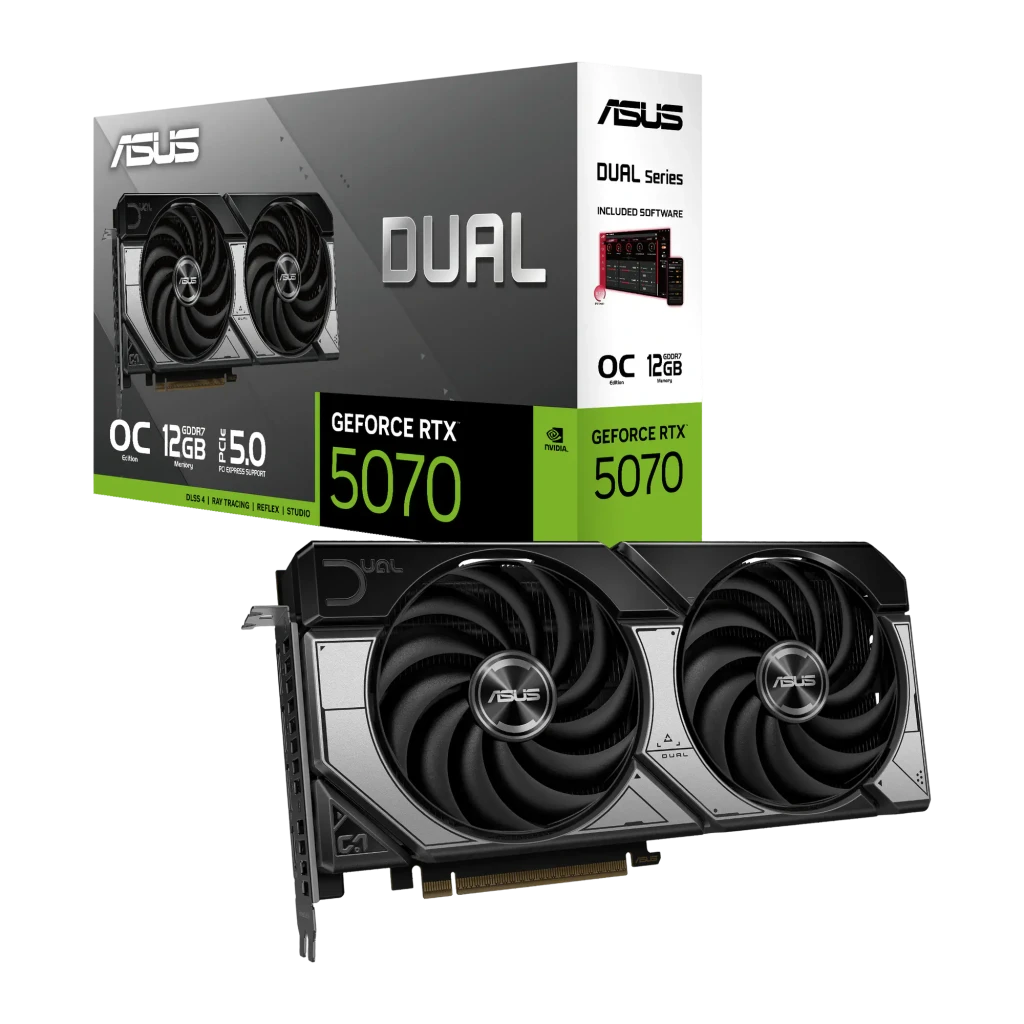 ASUS Dual RTX 5070 OC 12GB, vista con caja: tarjeta gráfica con dos ventiladores y packaging oficial