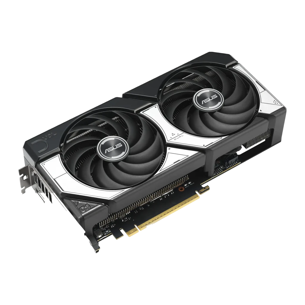ASUS Dual RTX 5070 OC 12GB negro, vista frontal: dos ventiladores negros con marco blanco