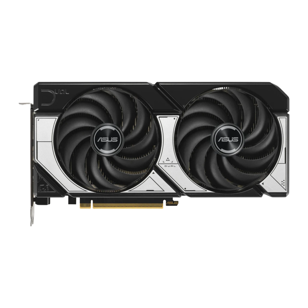 ASUS Dual RTX 5070 OC 12GB, vista frontal: dos ventiladores con logo ASUS, shroud plateado y negro, conector PCIe
