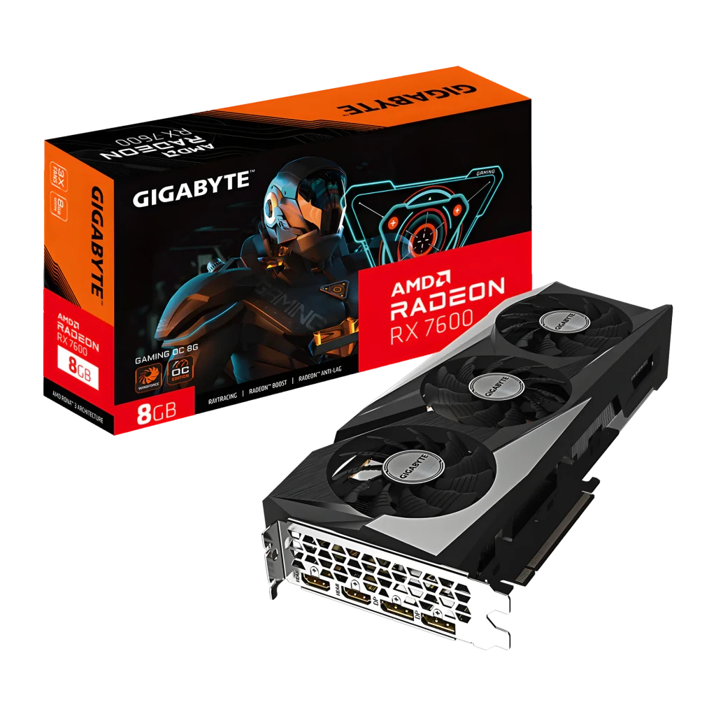 Gigabyte Radeon RX 7600 Gaming OC 8GB negro, producto con caja: tarjeta gráfica triple ventilador junto a su embalaje naranja