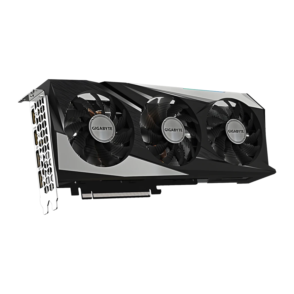 Gigabyte Radeon RX 7600 Gaming OC 8GB negro, vista en ángulo: tres ventiladores con logo Gigabyte y bracket lateral perforado
