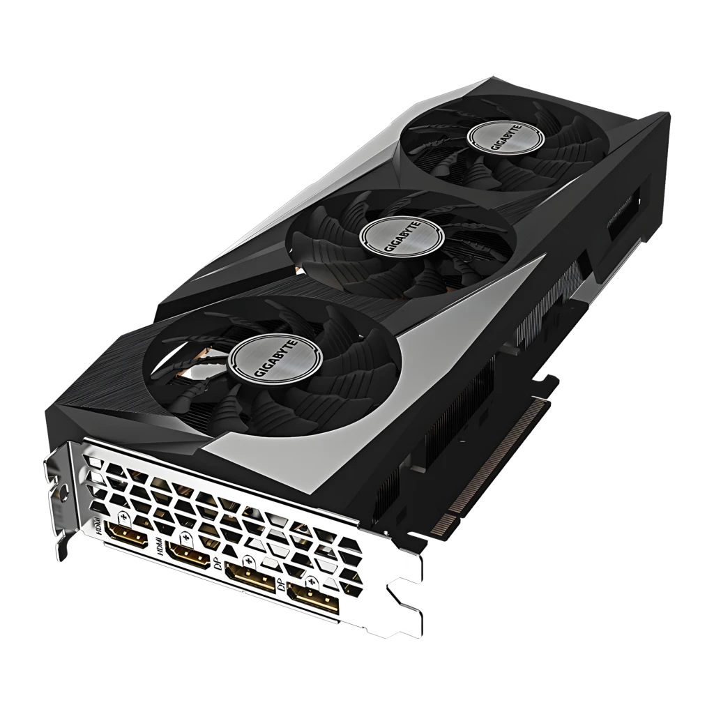 Gigabyte Radeon RX 7600 Gaming OC 8GB Negro, vista angular: tres ventiladores con logo Gigabyte, disipador plateado y