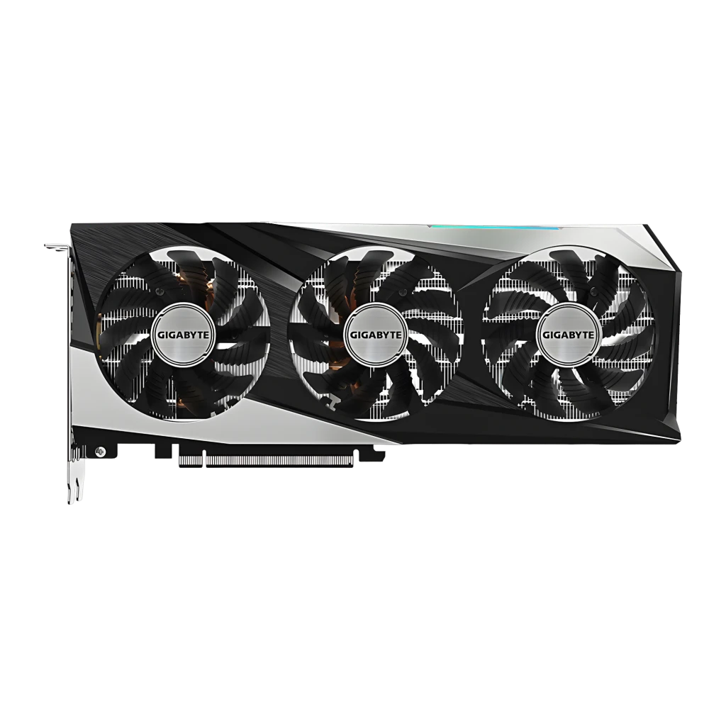 Gigabyte Radeon RX 7600 Gaming OC 8GB negro, vista frontal: tres ventiladores con logo Gigabyte y disipador angular plateado
