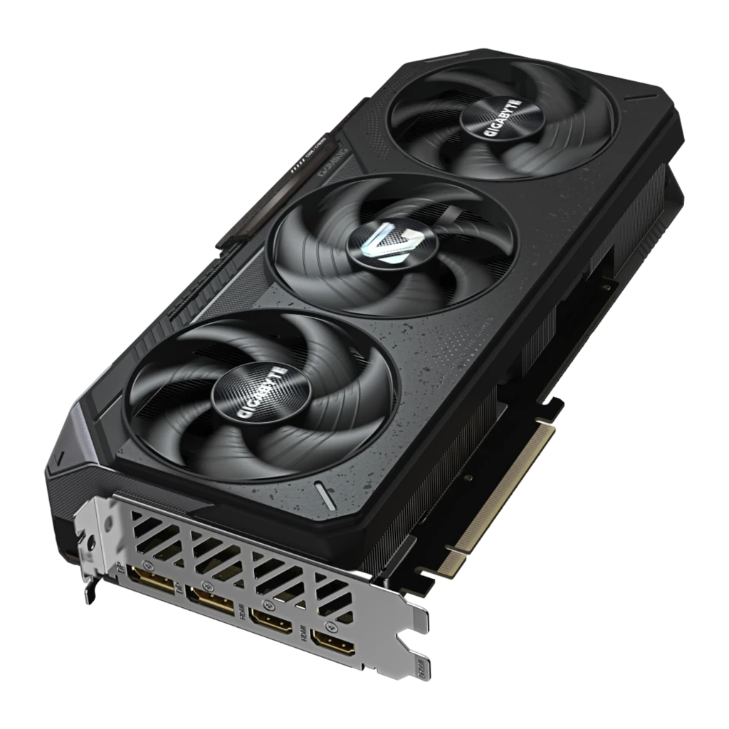 Gigabyte RX 9070 XT Gaming OC 16GB Negro, vista frontal en ángulo: tres ventiladores, disipador texturizado y puertos