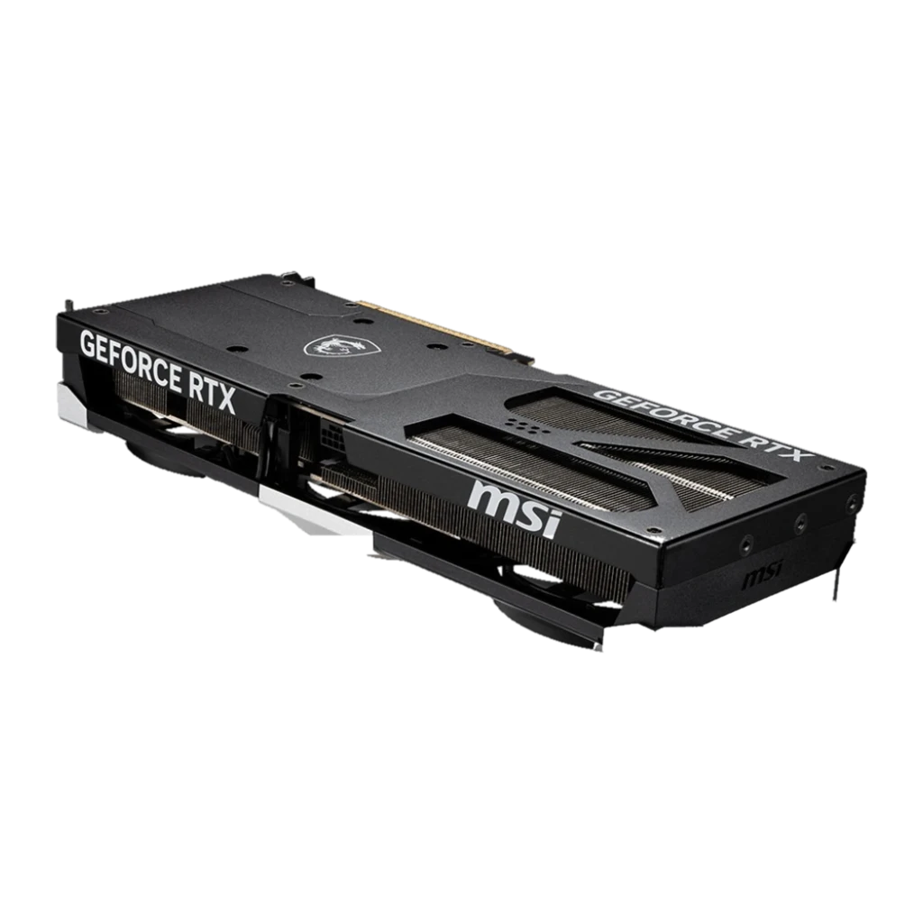 MSI GeForce RTX 5070 Ti Ventus 3X OC 16GB alumínio preto, vista lateral: design aerodinâmico com triple ventilador