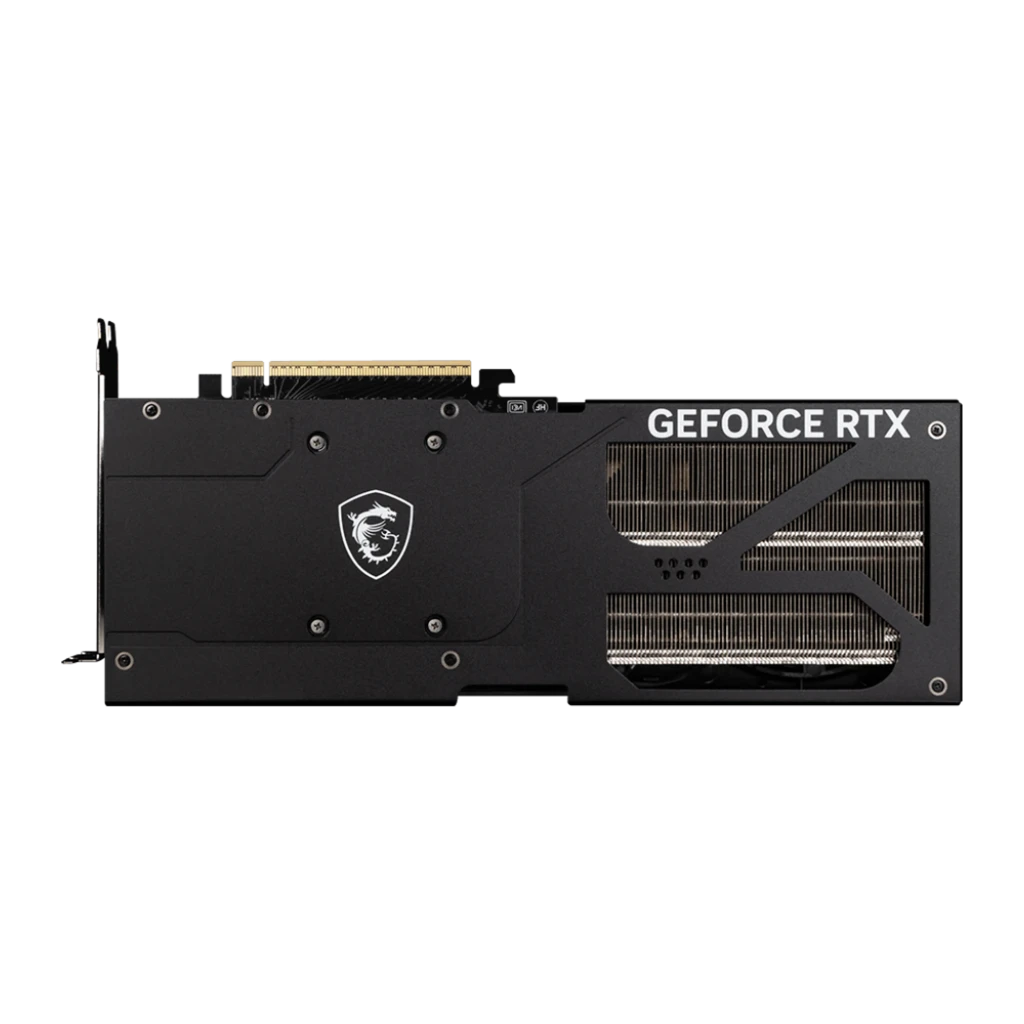 MSI GeForce RTX 5070 Ti Ventus 3X OC 16GB alumínio preto, vista traseira: dissipador com aletas e conector PCIe dourado