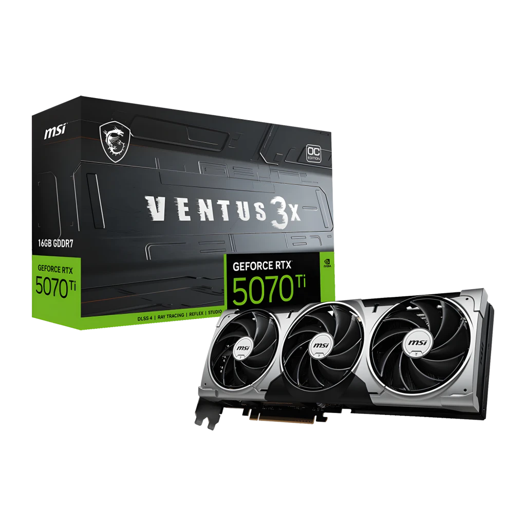 MSI GeForce RTX 5070 Ti Ventus 3X OC 16GB, produto e caixa: placa com 3 ventoinhas prateadas ao lado da caixa preta e verde