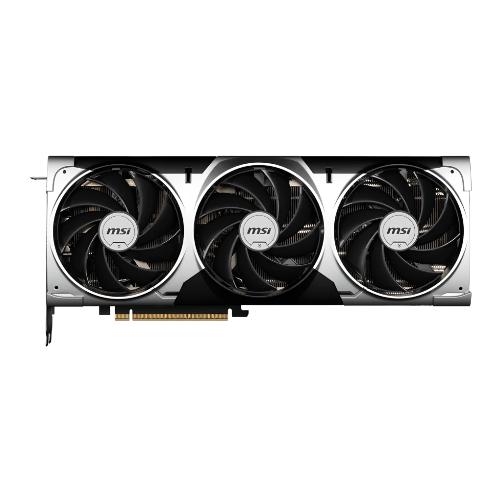 MSI GeForce RTX 5070 Ti Ventus 3X OC 16GB, vista frontal: três ventiladores com moldura prateada e logo MSI em fundo preto