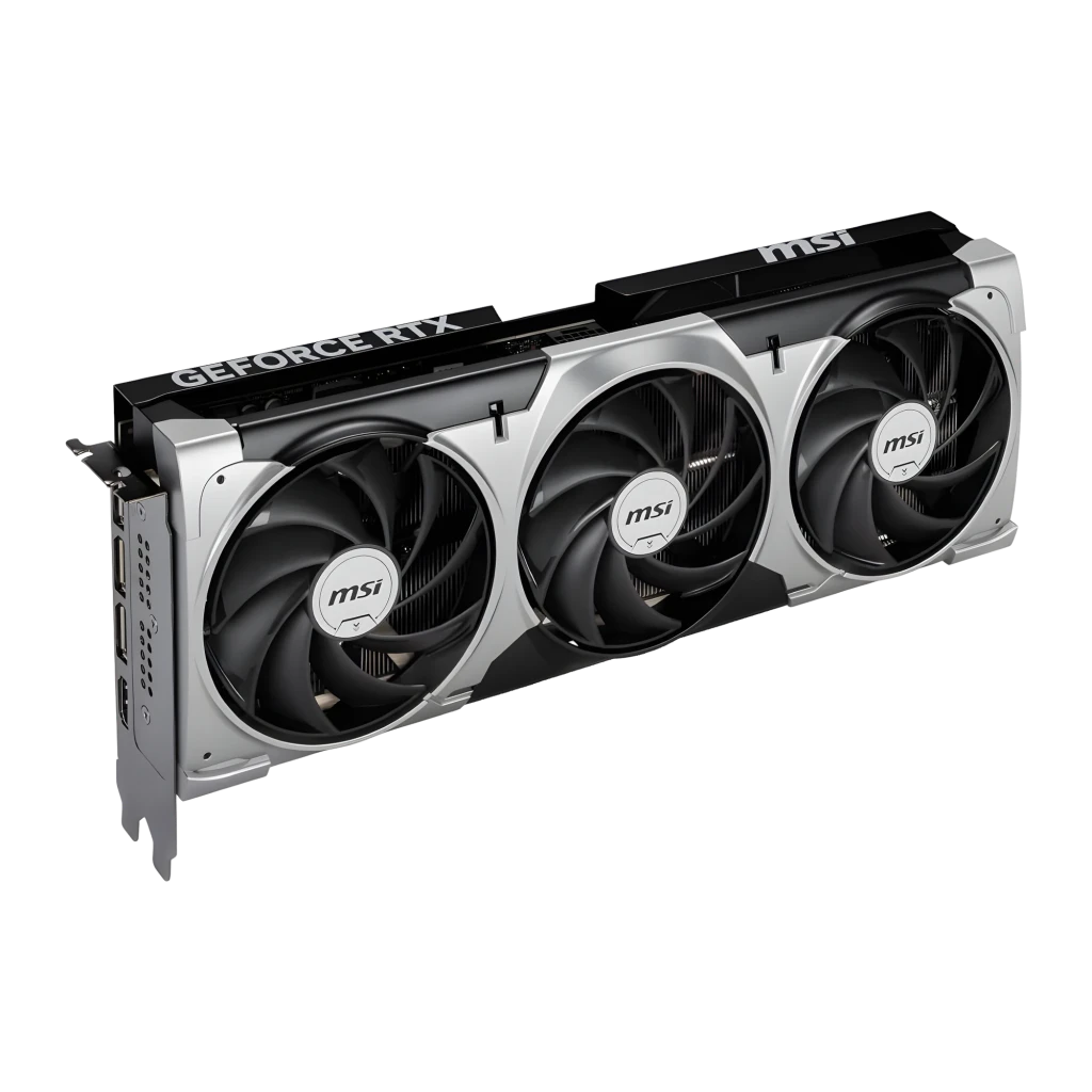 MSI GeForce RTX 5070 Ti Ventus 3X OC 16GB, vista frontal em ângulo: três ventiladores com moldura prateada e cobertura preta