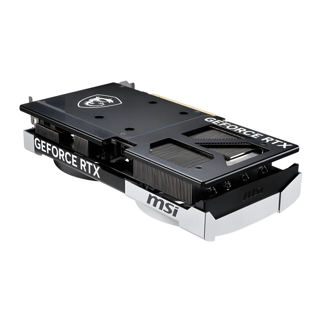 MSI GeForce RTX 5070 Ventus 2X OC 12GB Noir, vue arrière: backplate noir avec logo dragon MSI et texte GeForce RTX
