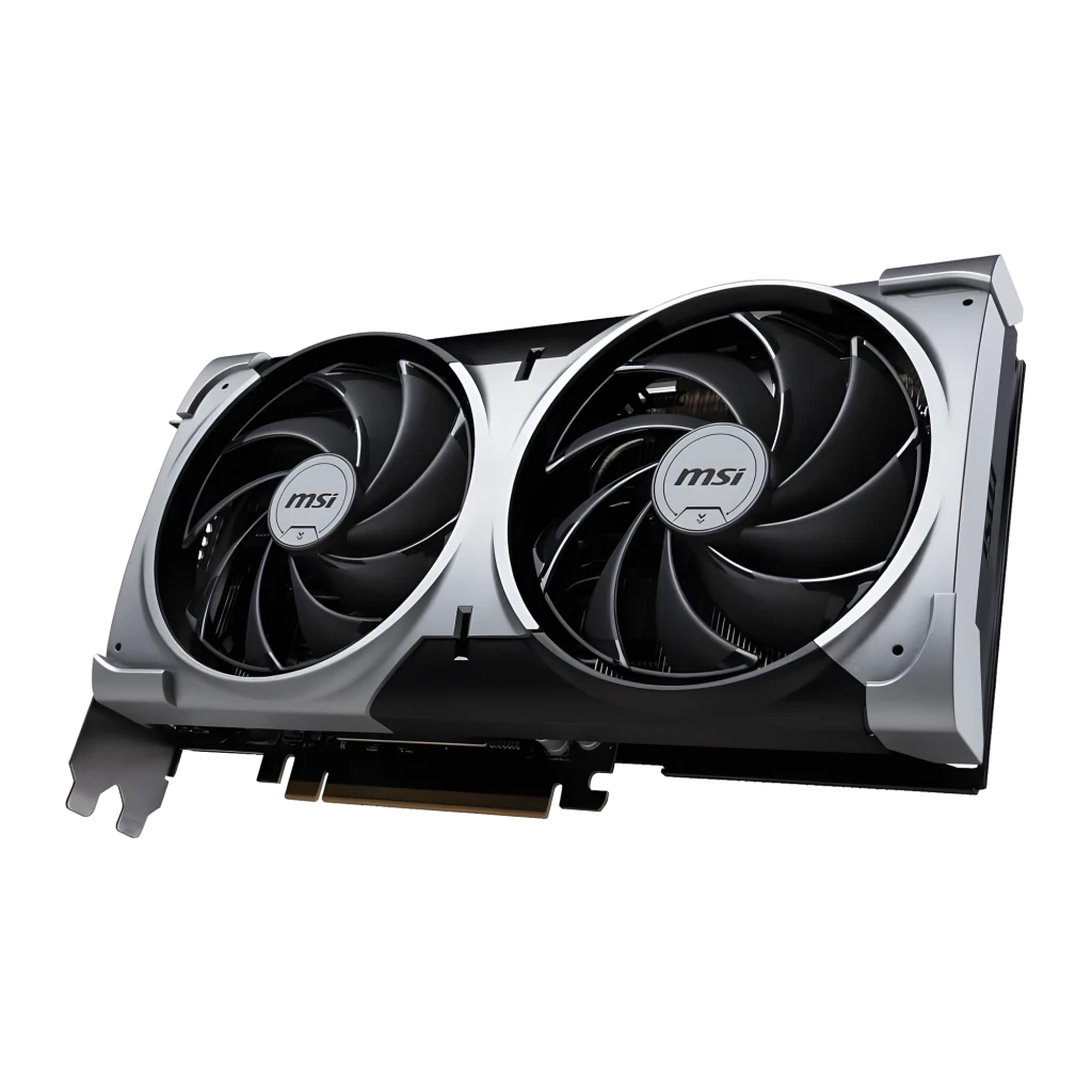 MSI GeForce RTX 5070 Ventus 2X OC 12GB noir, vue avant en angle: deux ventilateurs avec anneaux argentés et logo MSI