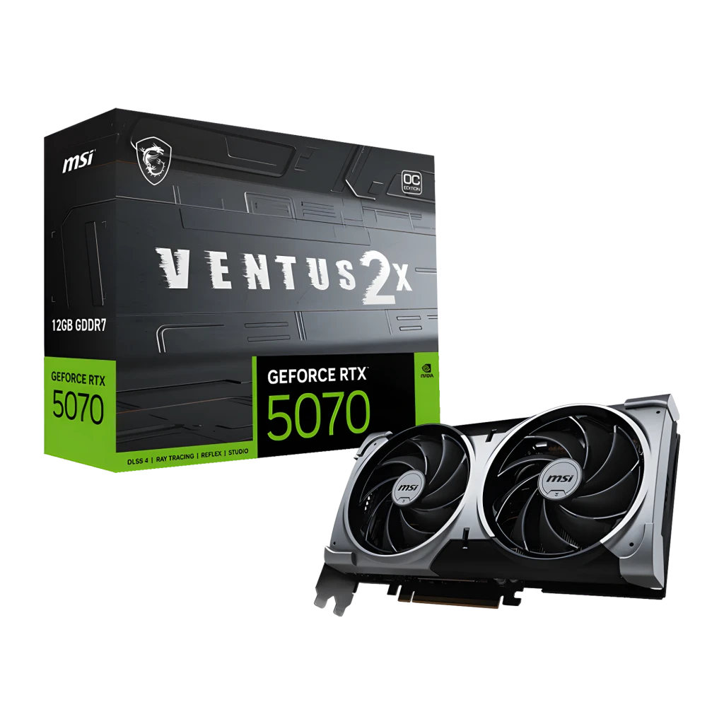 MSI GeForce RTX 5070 Ventus 2X OC 12GB Noir, vue avec boîte: carte graphique et packaging noir avec détails verts