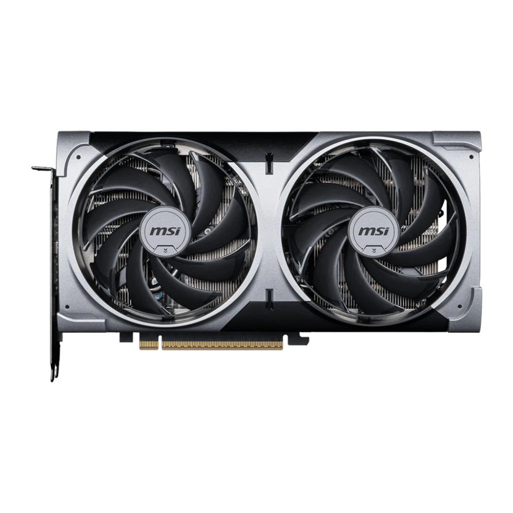 MSI GeForce RTX 5070 Ventus 2X OC 12GB Noir, vue avant: deux ventilateurs avec logo MSI et connecteur PCIe doré