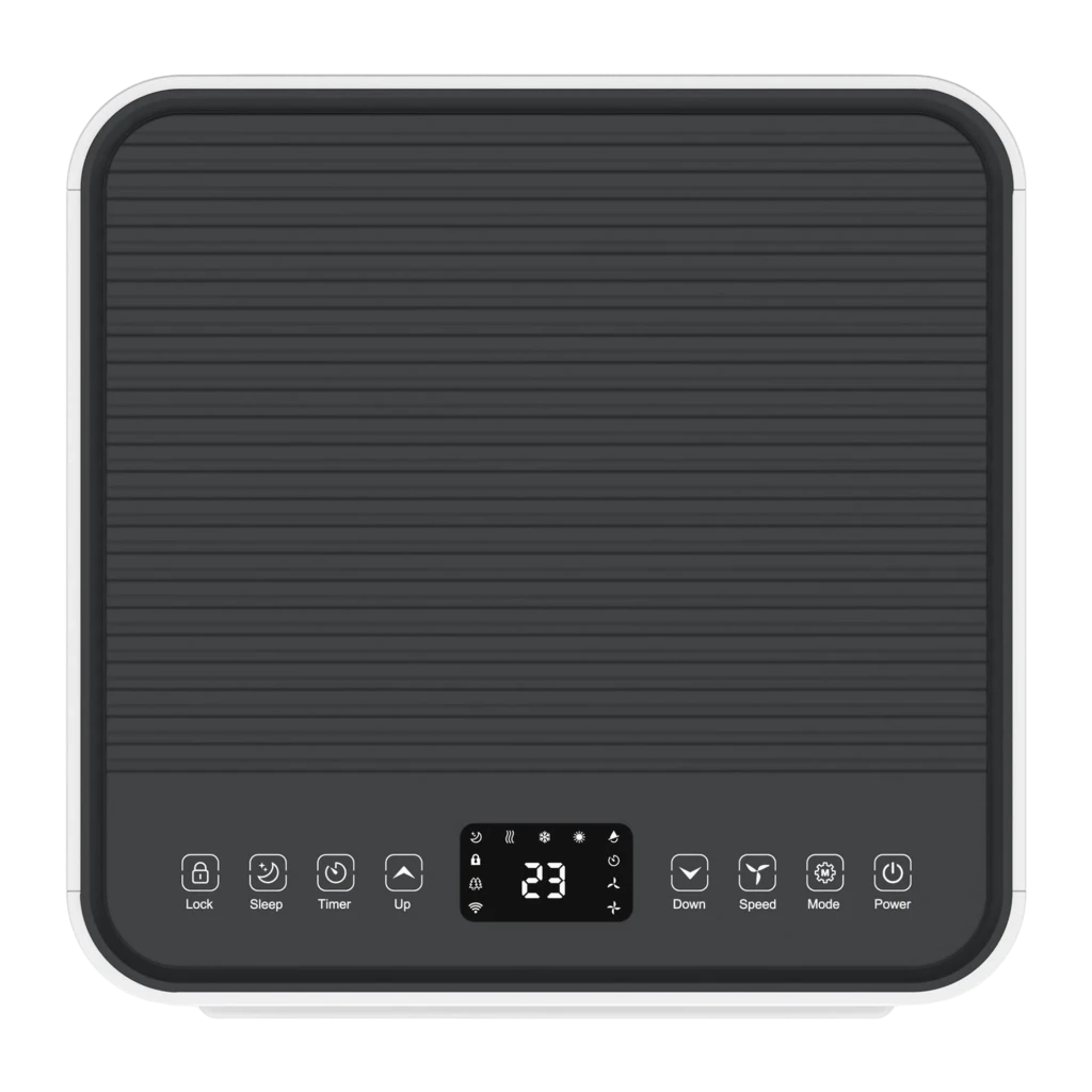 Panel superior del Aire Acondicionado Portátil MeacoCool MC7000RPRO con superficie estriada, pantalla LED central y botones táctiles de bloqueo, modo,