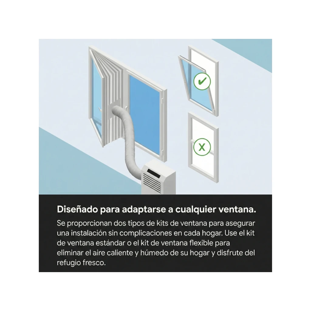 Aire acondicionado portátil blanco con manguera de escape y kit de ventana adaptable; incluye opciones para ventana corredera y no compatible con abatible
