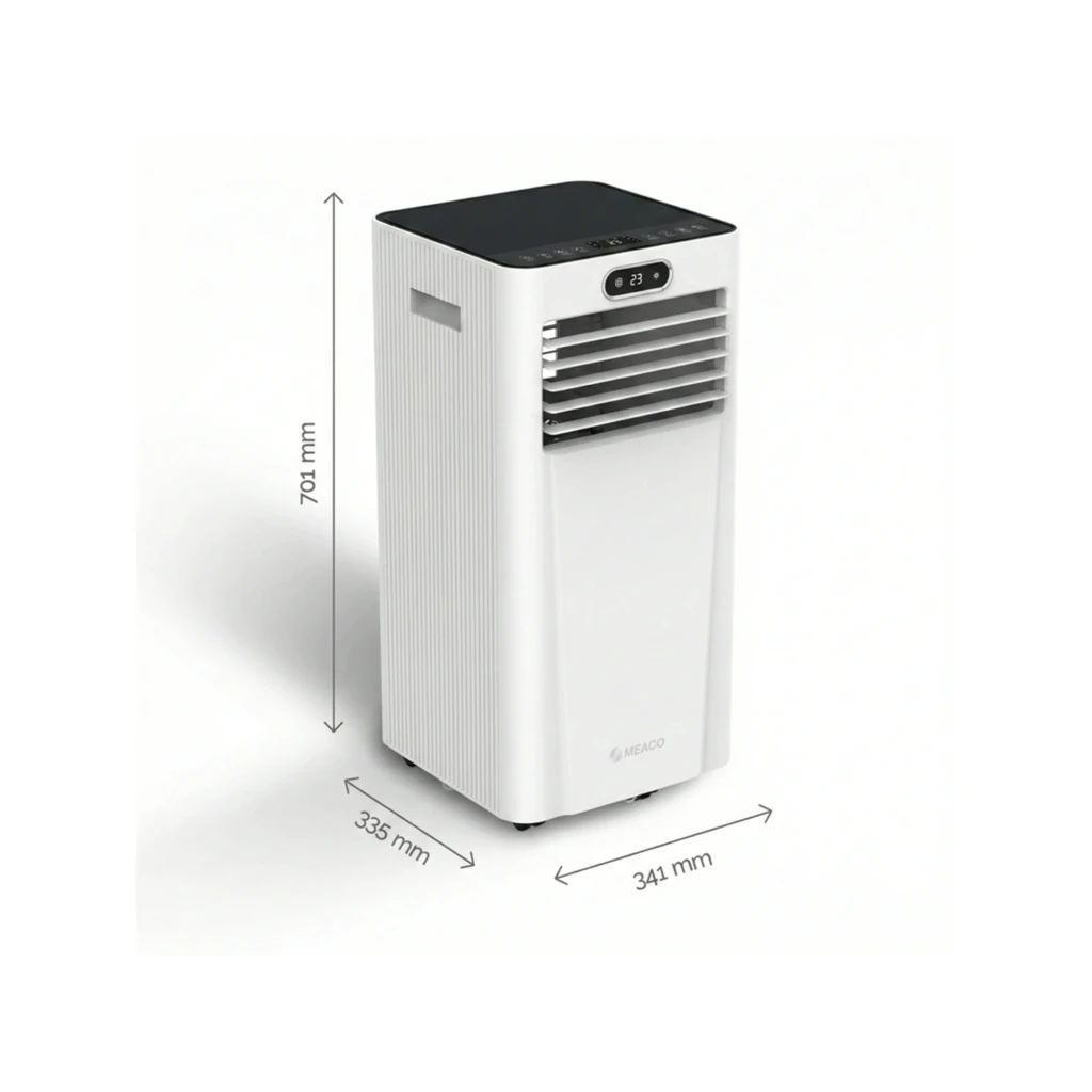 Aire Acondicionado Portátil MeacoCool MC7000RPRO WiFi, 7000 BTU, panel negro con display LED, rejillas frontales, diseño blanco compacto 701x341x335 mm