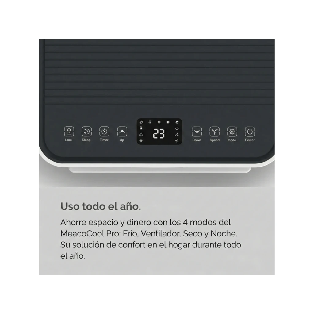 Panel superior del MeacoCool MC7000RPRO con pantalla LED, controles táctiles y modos Frío, Ventilador, Seco y Noche; diseño gris con rejilla estriada.