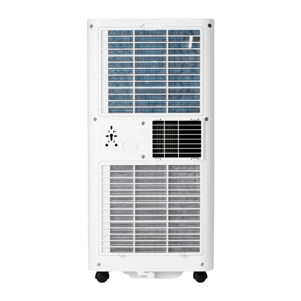 Vista trasera del aire acondicionado portátil MeacoCool Pro 10000 BTU: panel blanco con rejillas amplias, filtro visible, salida lateral, ruedas inferiores y