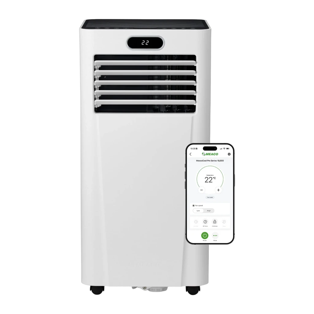Aire acondicionado portátil blanco con panel digital 22, rejillas frontales ajustables, ruedas inferiores y control por app móvil vía WiFi