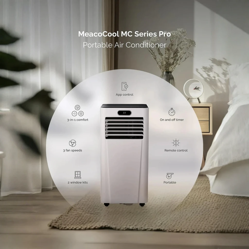 Aire acondicionado portátil blanco MeacoCool Pro 10000 BTU con panel digital, rejillas frontales, ruedas, mando a distancia y control por app para 28 m²