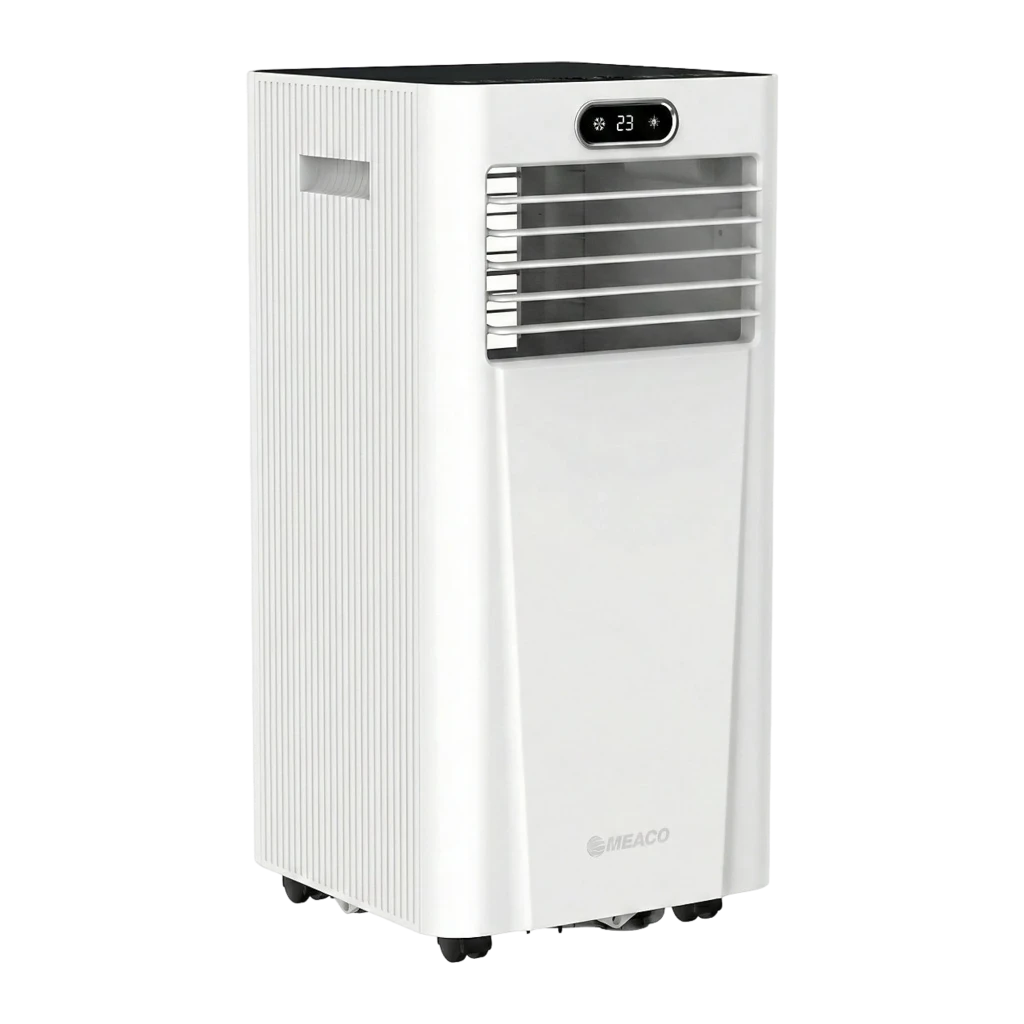 Climatiseur portable blanc avec écran LED 23°, grilles horizontales argentées, poignées latérales, roulettes discrètes et logo Meaco en bas pour