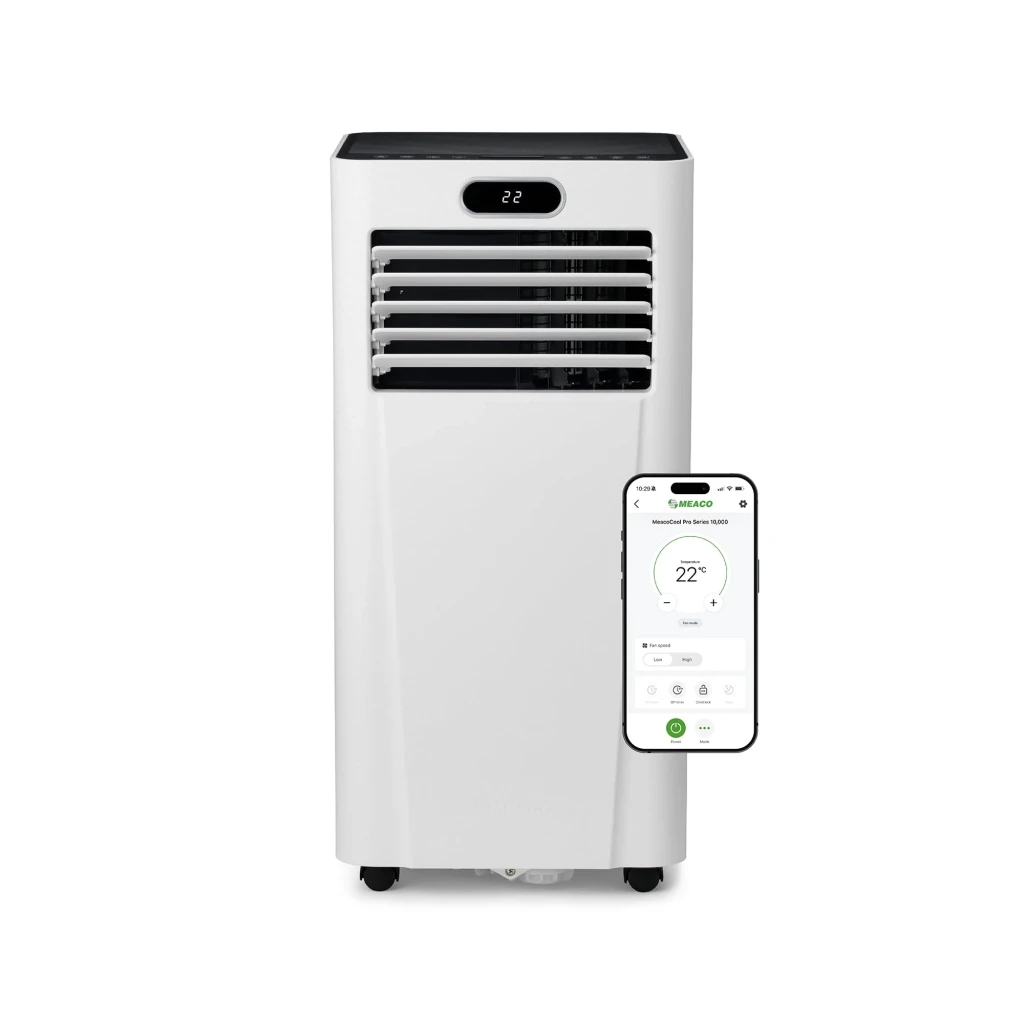 Aire acondicionado portátil Meaco MeacoCool Pro Series 9000 BTU WiFi 26 m² en blanco con rejillas frontales ajustables, pantalla LED superior y control vía