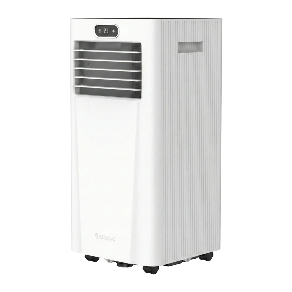 Aire acondicionado portátil blanco con rejillas frontales ajustables, panel digital superior 23 y cuerpo estriado lateral, compacto sobre ruedas para 26 m²