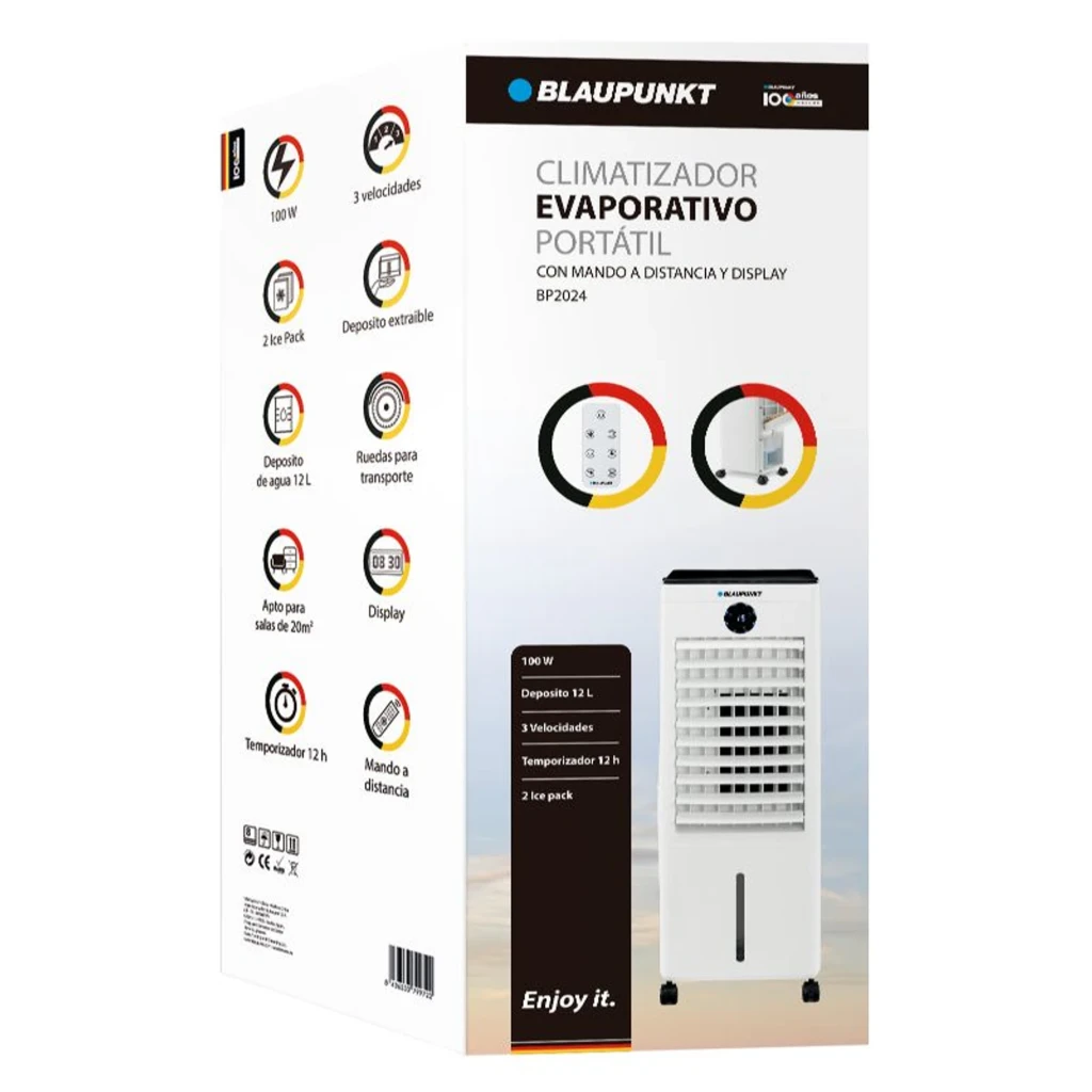 Climatizador evaporativo Blaupunkt BP2024 100W portátil con 3 velocidades, depósito 12 L, mando a distancia, display y ruedas para fácil transporte