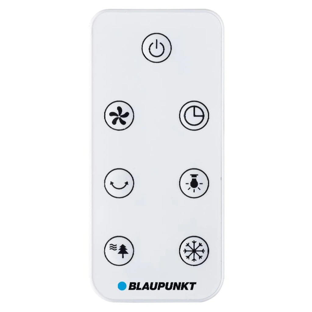 Control remoto del Climatizador evaporativo Blaupunkt BP2024: diseño blanco, botones para encendido, 3 velocidades, temporizador, oscilación, modo brisa y