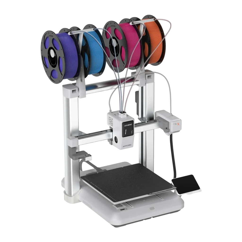 Impresora 3D FDM con cuatro bobinas de filamento, sistema multicolor, marco metálico robusto, extrusión por tubos Bowden y base de impresión amplia y