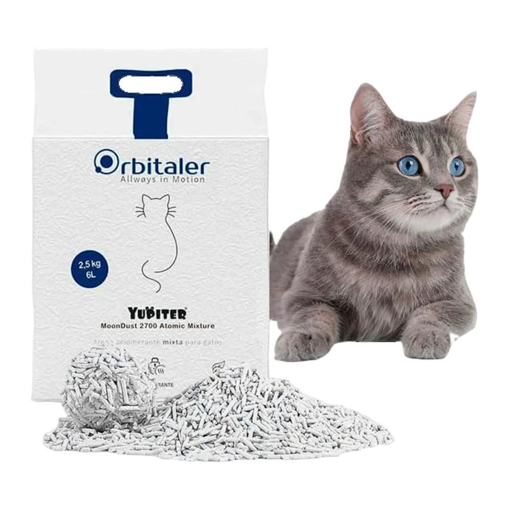 Areia para gatos Orbitaler Yupiter MoonDust 2700 Fantastic Tofu em pellets brancos, embalagem 2,5 kg com alça azul, gato cinza ilustrando uso