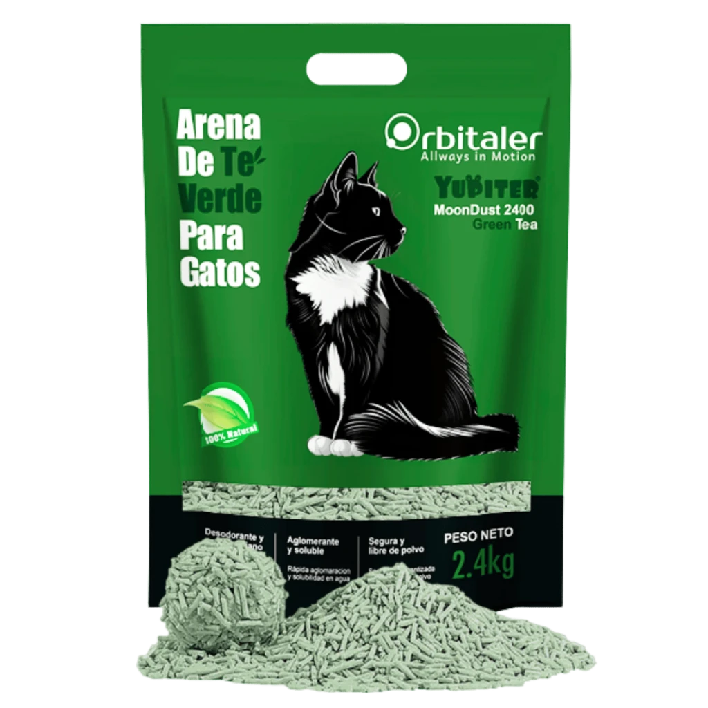 Saco verde Orbitaler Yupiter MoonDust 2700 Fantastic Green Tea para gatos, com gato preto ilustrado, granulado verde 2,4 kg, baixa poeira e 100% natural