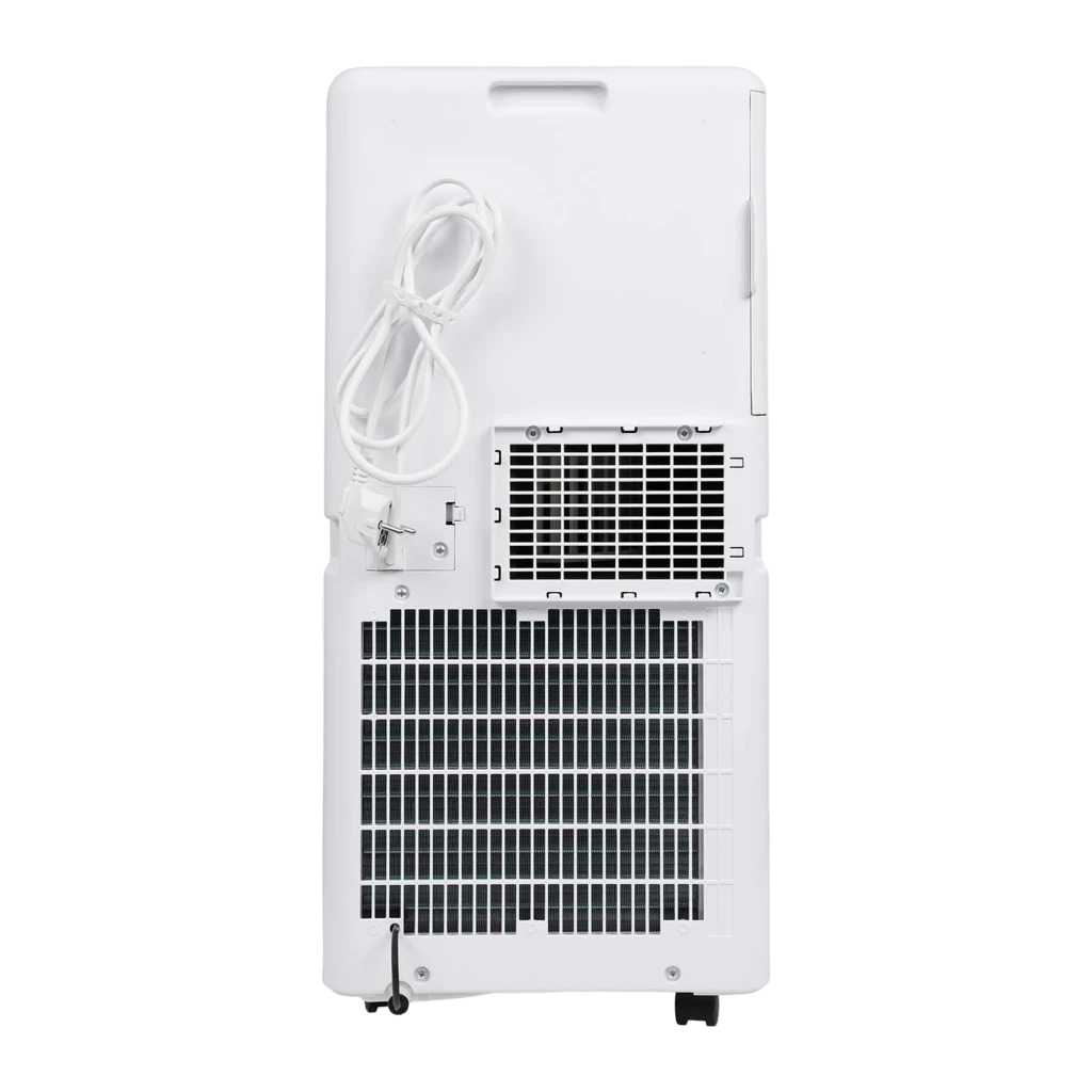 Parte trasera del aire acondicionado portátil TriStar AC-5707 7000 BTU con rejillas de ventilación, salida de drenaje, cable enrollado y ruedas para fácil