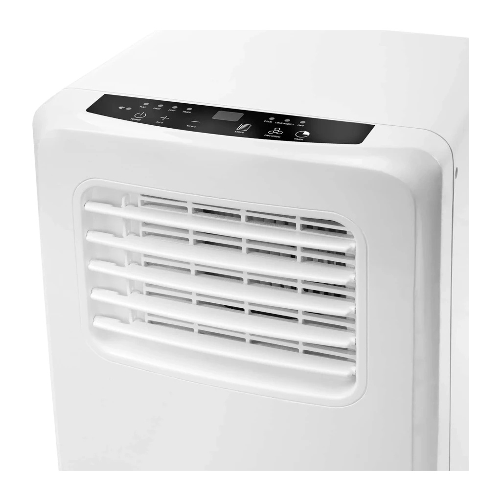 Frente del Aire Acondicionado Portátil TriStar AC-5707 7000 BTU con panel superior táctil, rejillas horizontales ajustables y diseño blanco compacto 785W