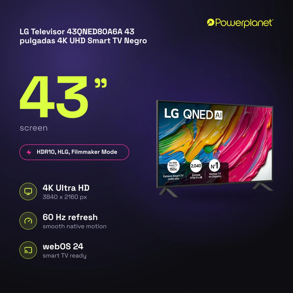 Televisor LG 43QNED80A6A de 43 pulgadas QNED 4K con pantalla delgada, biseles finos, peana doble, colores vivos y webOS 25, 60 Hz refresh