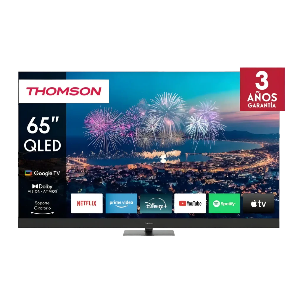 Televisor Thomson 65QG6C14 QLED Plus 65 pulgadas 4K UHD con Google TV, Dolby Vision y Atmos; biseles delgados, soporte central y apps de streaming en pantalla