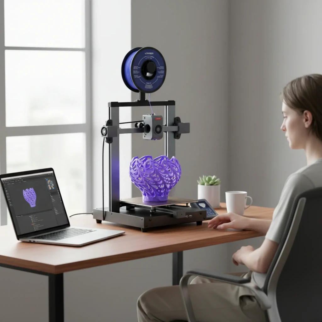 Impresora 3D Longer LK10 FDM de marco metálico con pantalla táctil, bobina superior y pieza violeta en impresión; mesa estable junto a portátil en