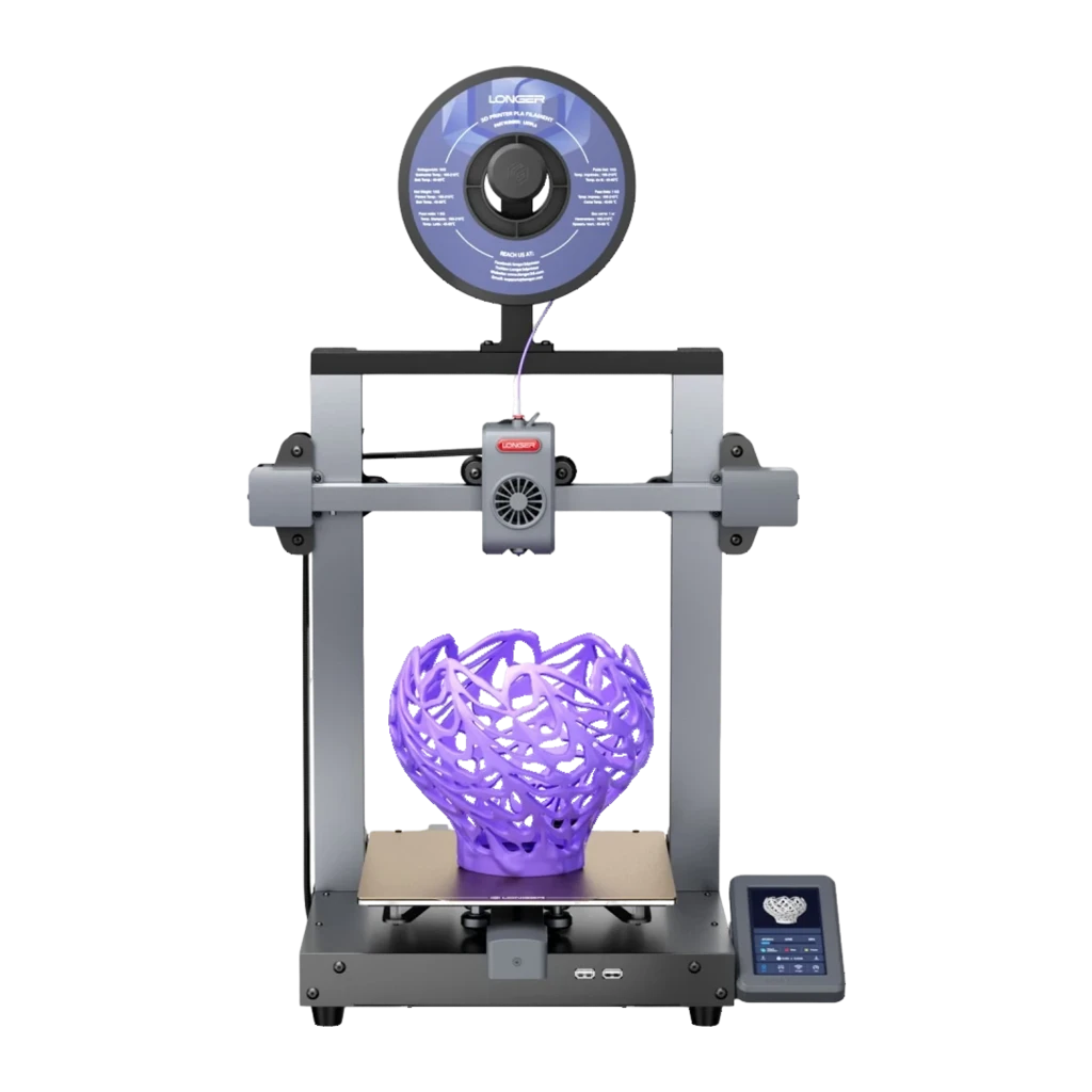 Imprimante 3D Longer LK10 FDM avec bobine supérieure, cadre métal noir, écran tactile latéral et grande pièce violette sur plateau chauffant