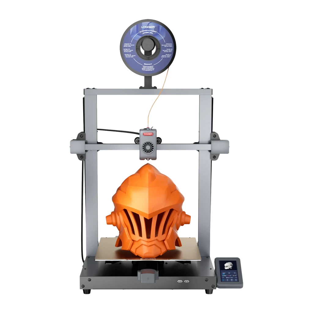 Impresora 3D Longer LK10 FDM con marco metálico abierto, extrusor directo, gran volumen y bobina superior; pantalla táctil lateral y pieza naranja en