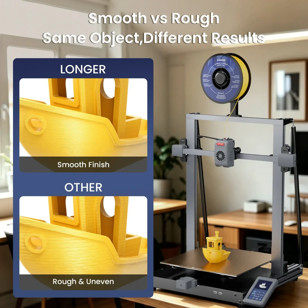 Impresora 3D Longer LK10 FDM con marco metálico, bobina superior y cama caliente; muestra acabado suave frente a rugoso en modelo amarillo con boquilla en