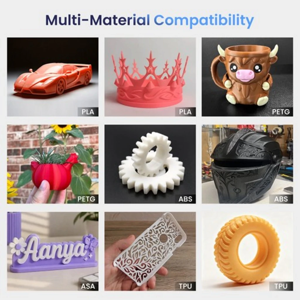Matriz de muestras impresas en PLA, PETG, ABS, ASA y TPU: coche, corona, taza, maceta, engranaje, casco, nombre decorativo, carcasa floral y neumático